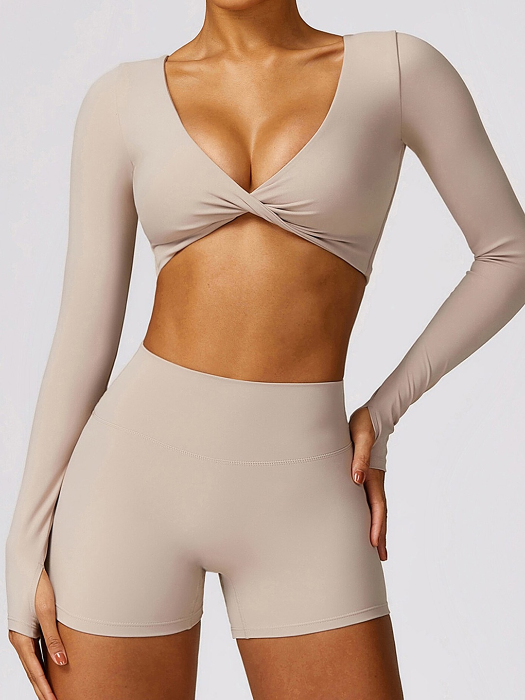 

LULU & SKY V-Neck Long Sleeves Bralette Crop Sports Top With Thumbholes, Beige