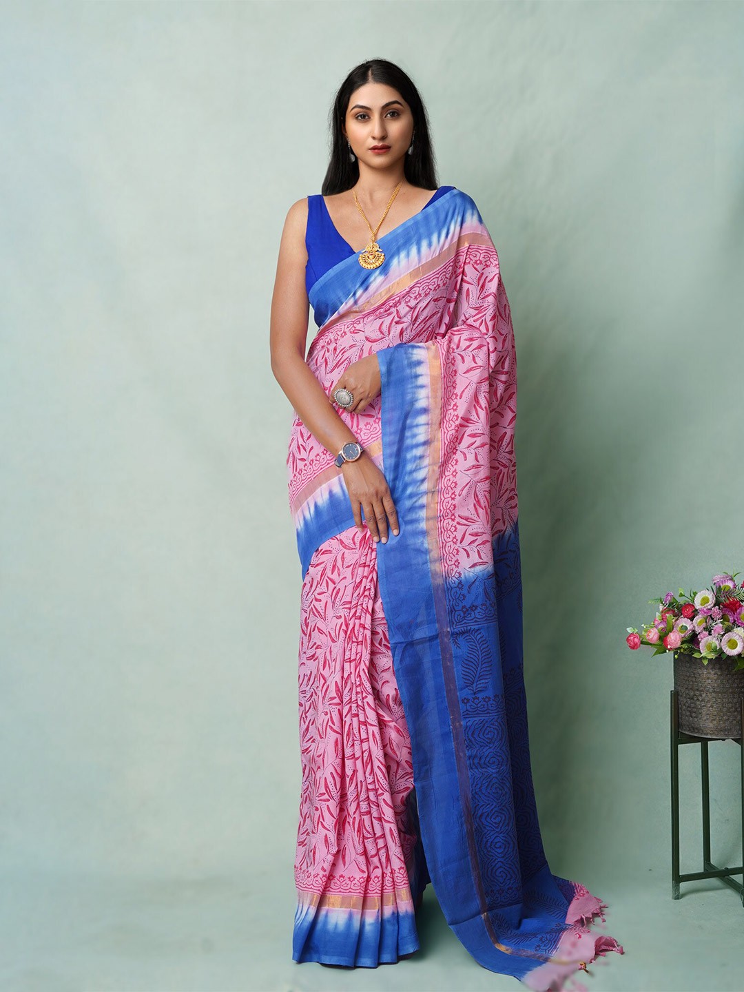 

Unnati Silks Ethnic Motifs Zari Art Silk Mangalagiri Saree, Pink