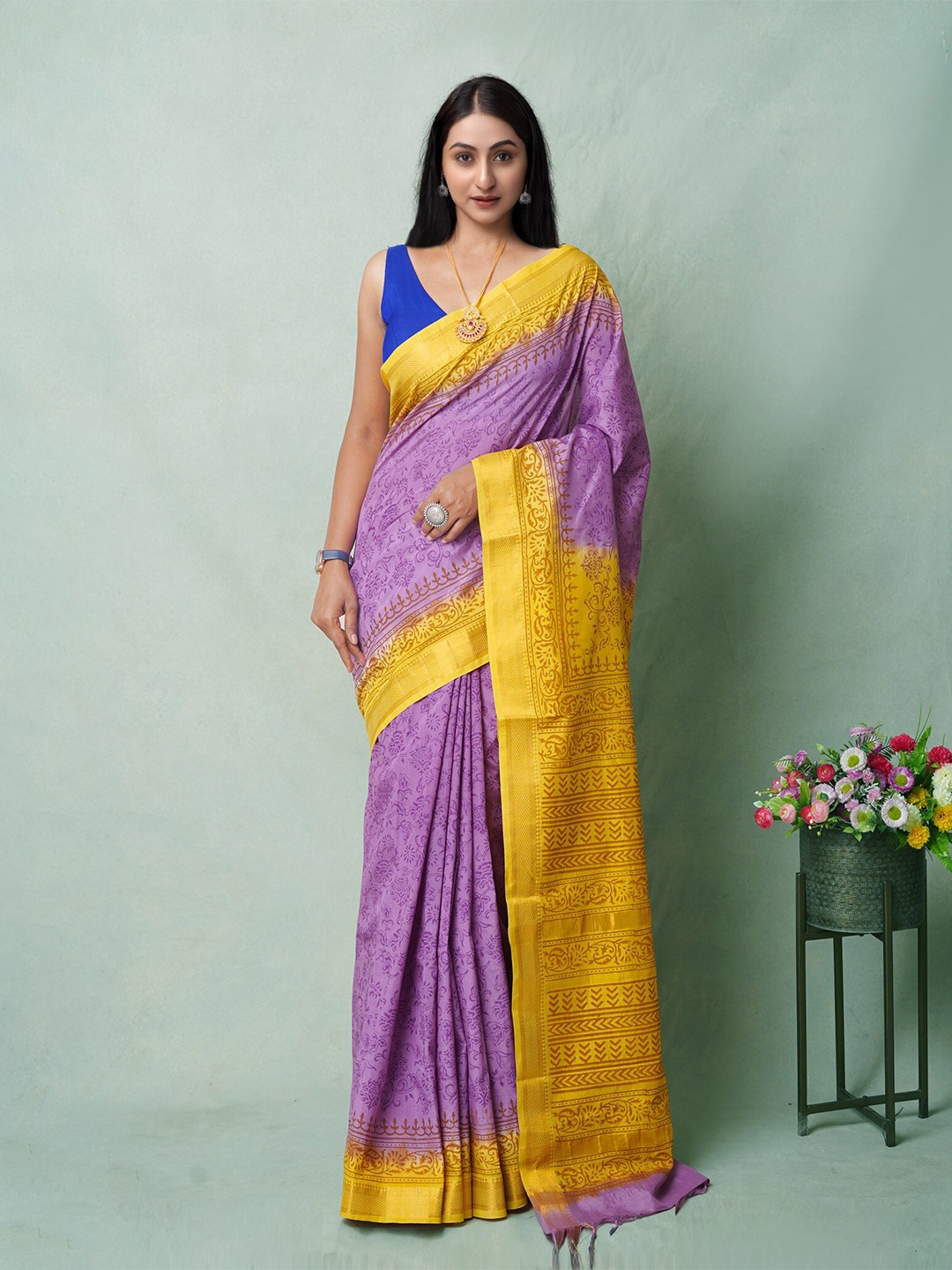 

Unnati Silks Ethnic Motifs Zari Art Silk Mangalagiri Saree, Purple
