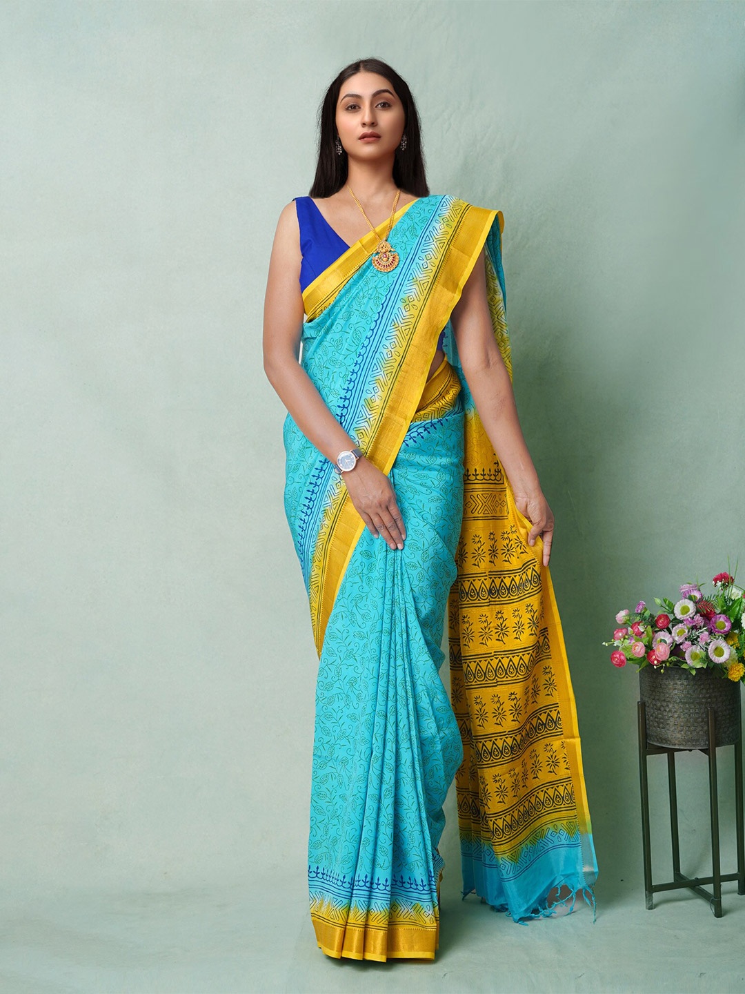 

Unnati Silks Ethnic Motifs Zari Art Silk Mangalagiri Saree, Blue