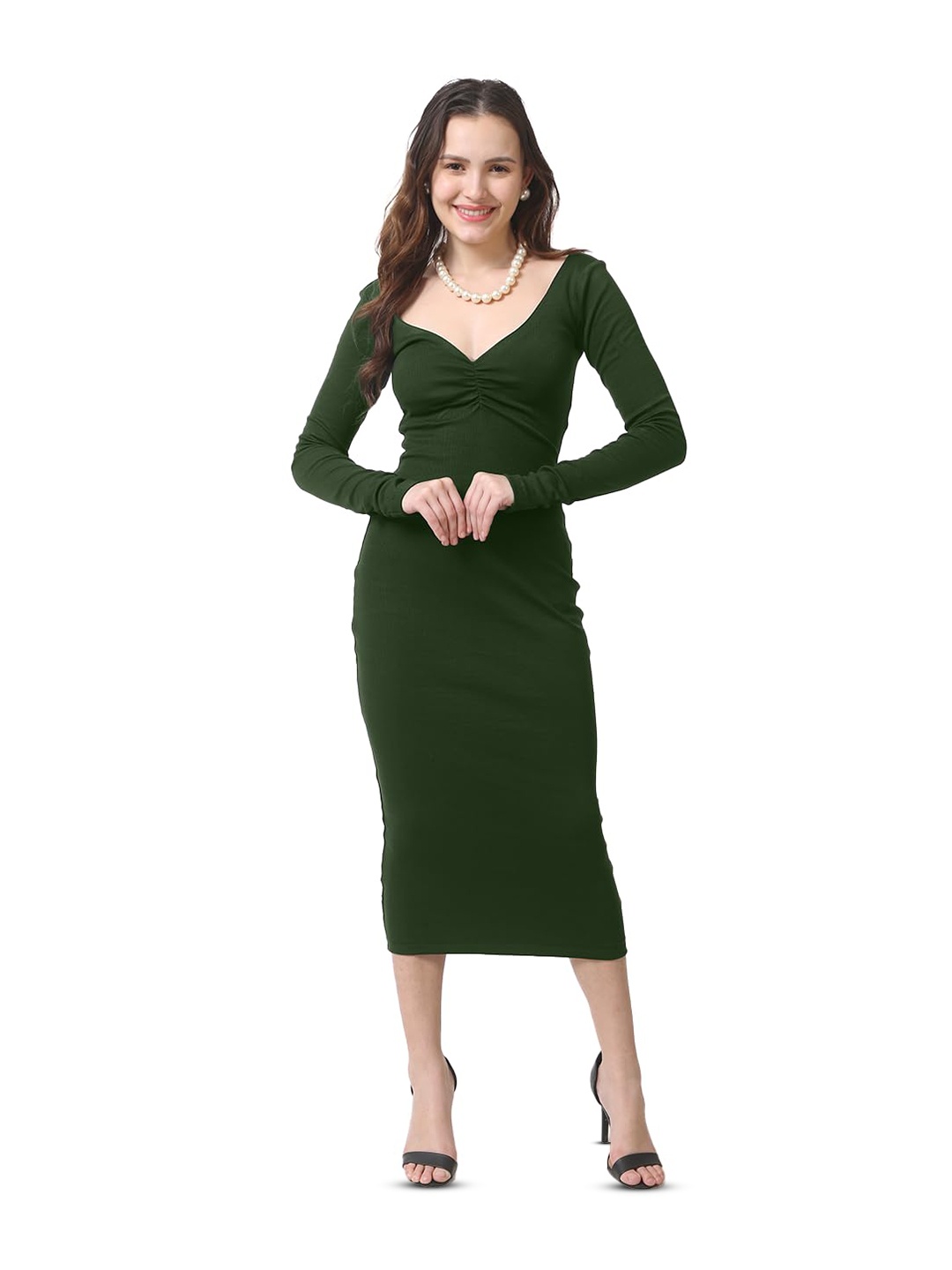 

CareDone V-Neck Cotton Sweater Midi Dress, Green