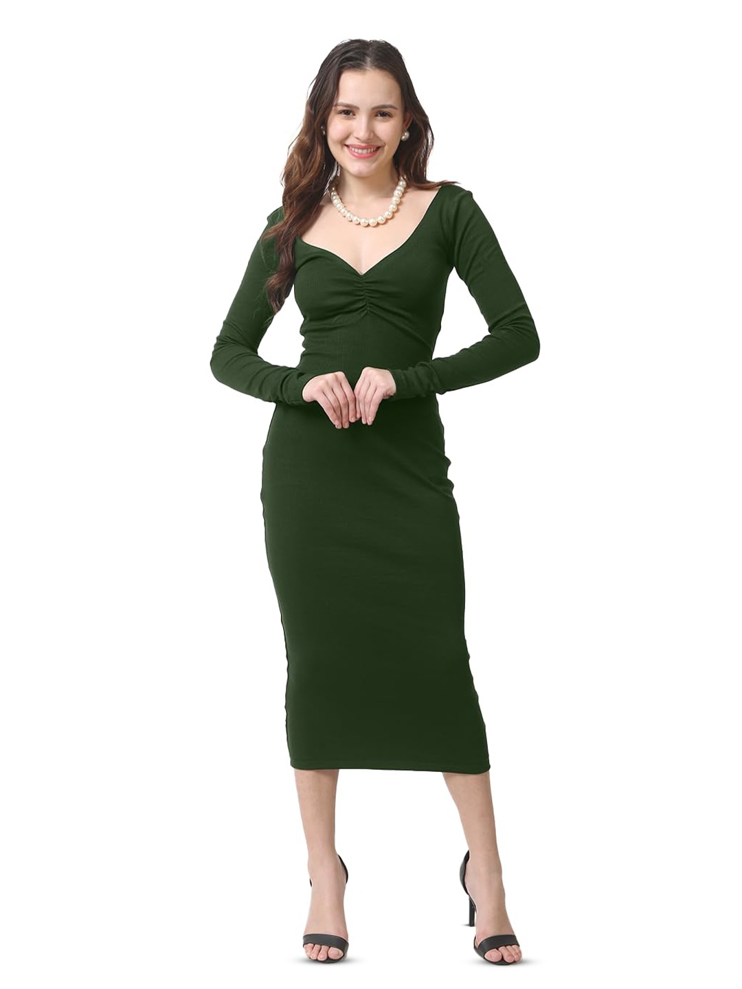 

CareDone V-Neck Cotton Sweater Midi Dress, Green