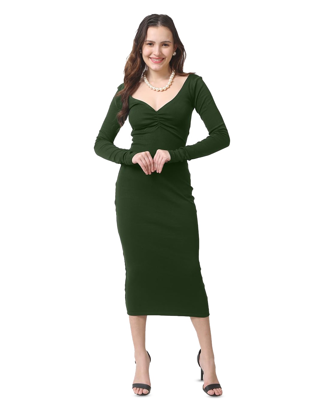 

CareDone V-Neck Cotton Sweater Midi Dress, Green