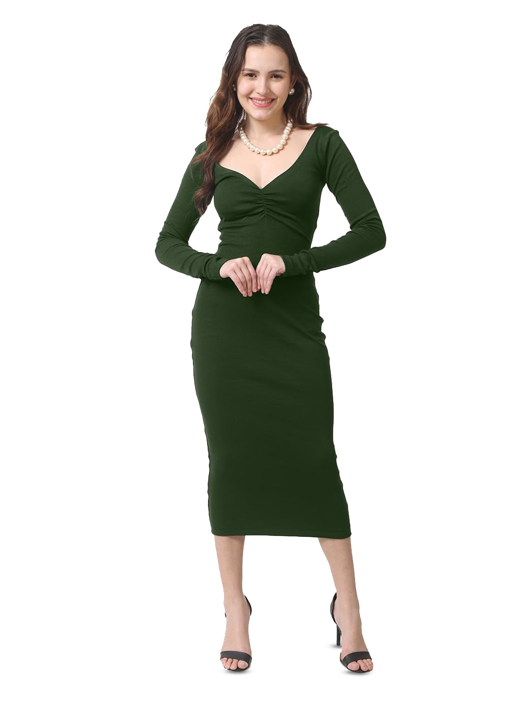 

CareDone V-Neck Cotton Sweater Midi Dress, Green