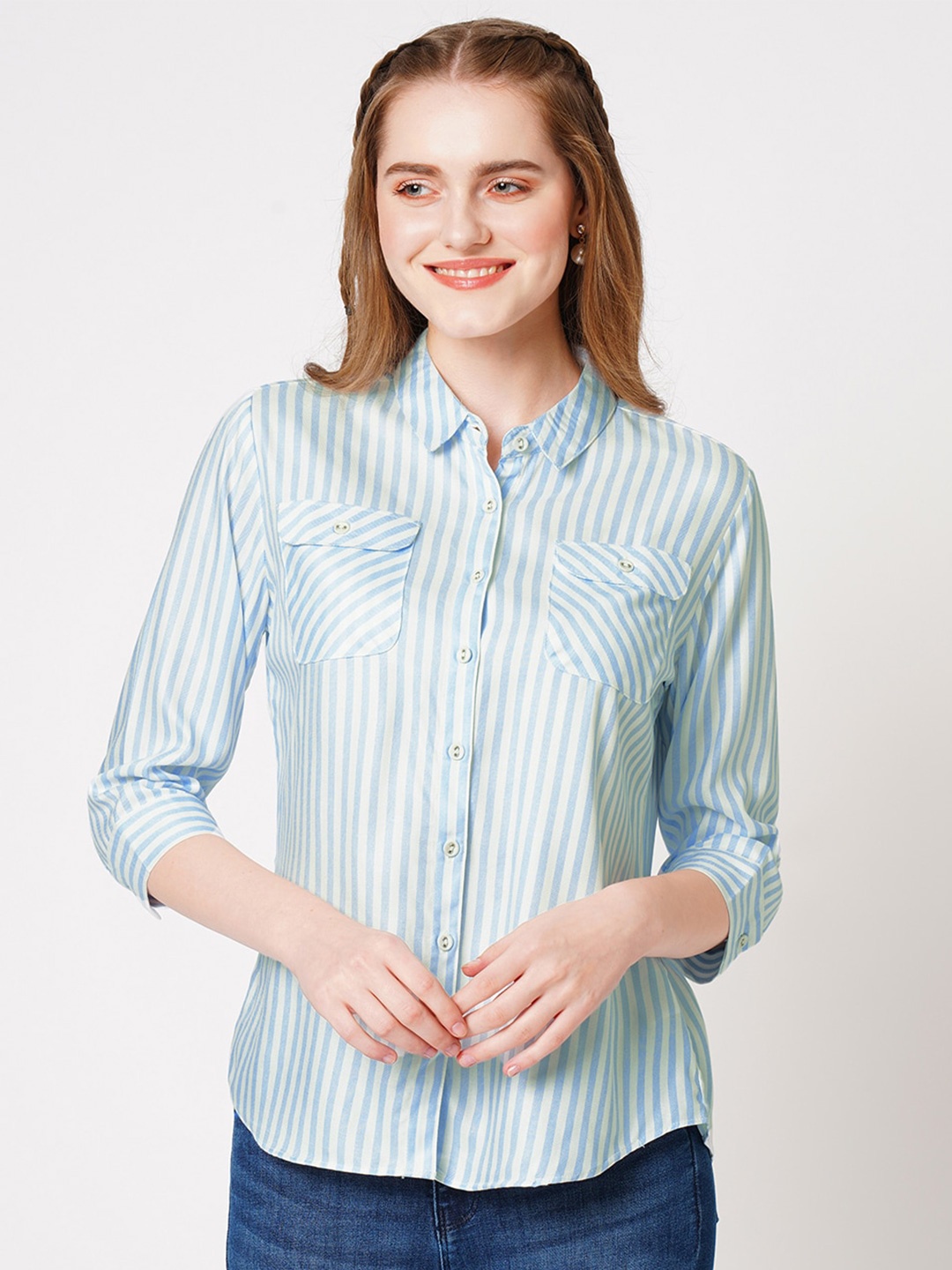 

Kraus Jeans Spread Collar Slim Fit Opaque Striped Casual Shirt, Blue