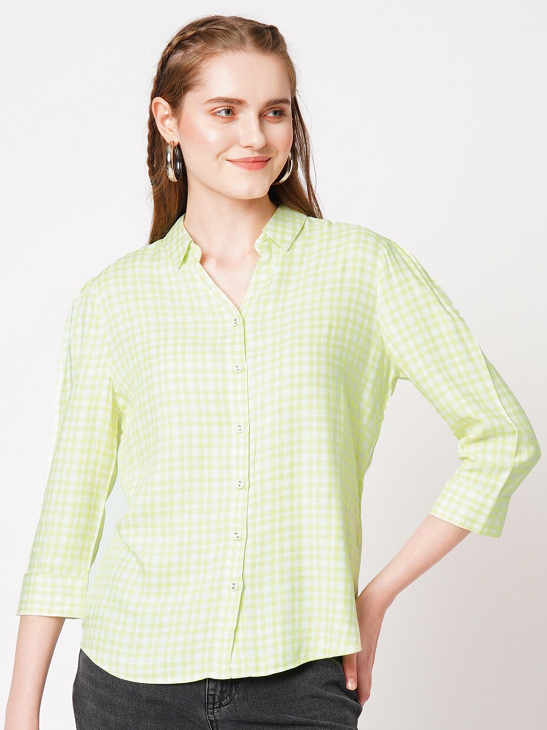 

Kraus Jeans Spread Collar Slim Fit Gingham Checks Opaque Checked Casual Shirt, Green
