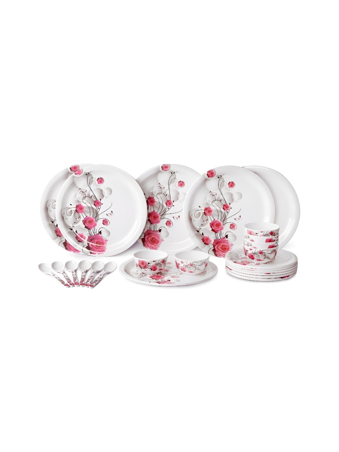 

AEMAHARANI White Pink 24 Pieces Printed Melamine Elegant Dinner Set