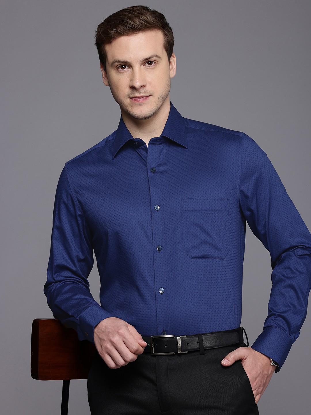 

Louis Philippe Pure Cotton Self Design Classic Fit Textured Formal Shirt, Blue