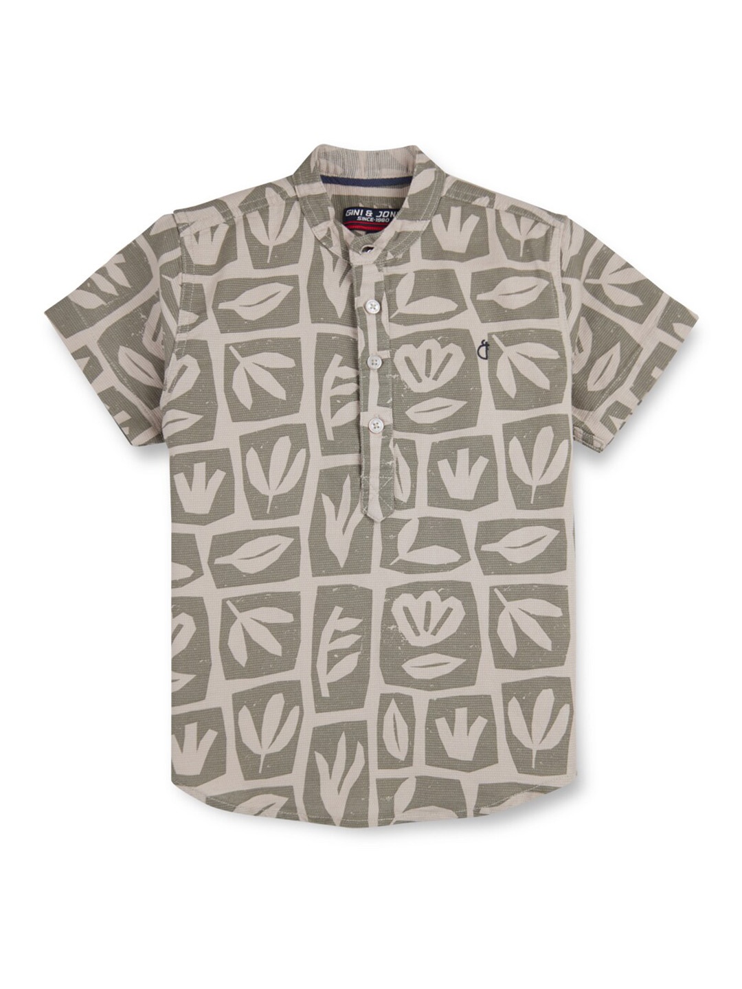 

Gini and Jony Boys Mandarin Collar Short Sleeves Ethnic Printed Regular Fit Cotton Shirt, Brown