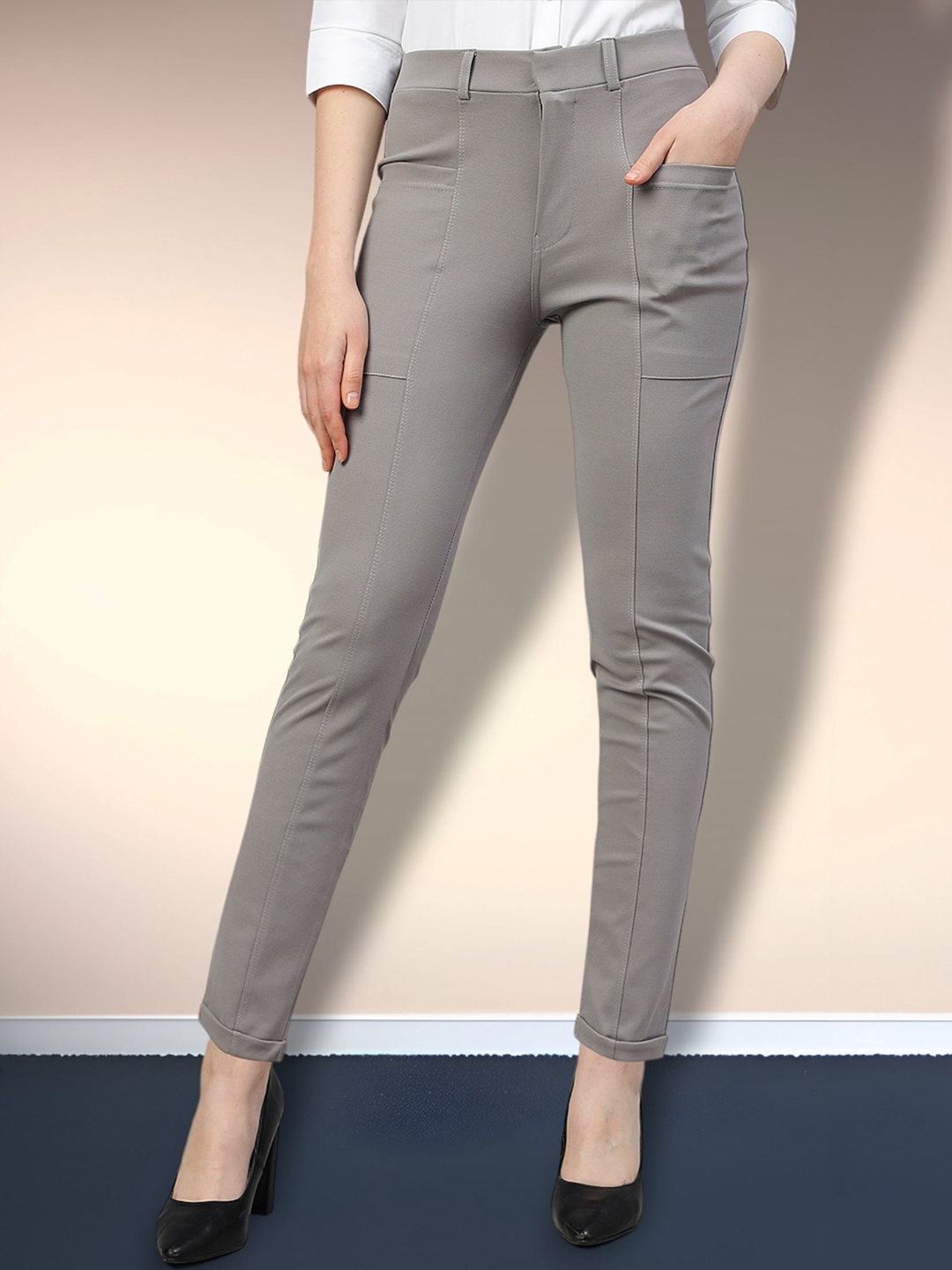 

FITHUB Women Slim Fit High-Rise Stretchable Trouser, Grey melange