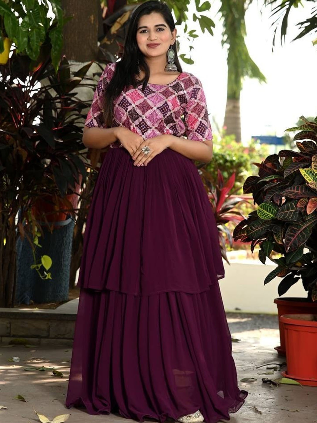 

PERFECTBLUE Printed Layered Georgette Fit and Flare Ethnic Dress, Purple