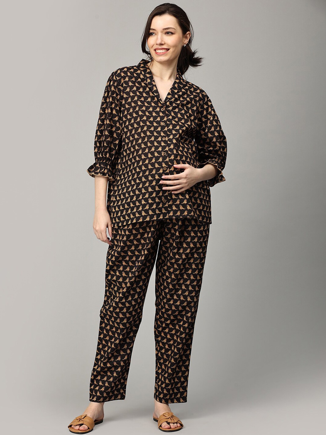 

The Mom Store Conversational Printed Puffed Sleeves Pure Cotton Maternity Night suit, Green