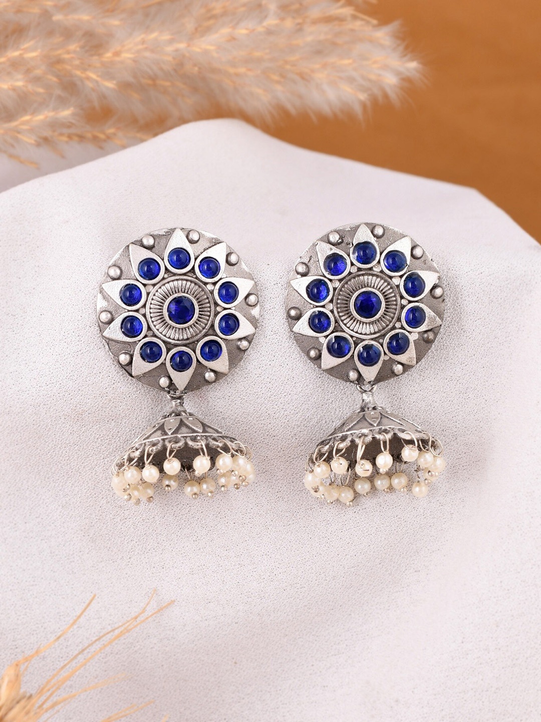 

DASTOOR Silver-Plated Contemporary Oxidised Jhumkas