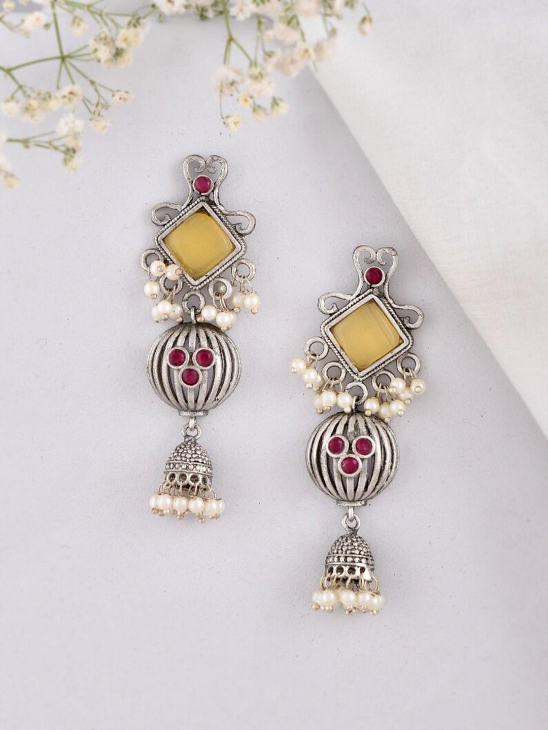 

DASTOOR Silver-Plated Beaded & Stone Studded Jhumkas