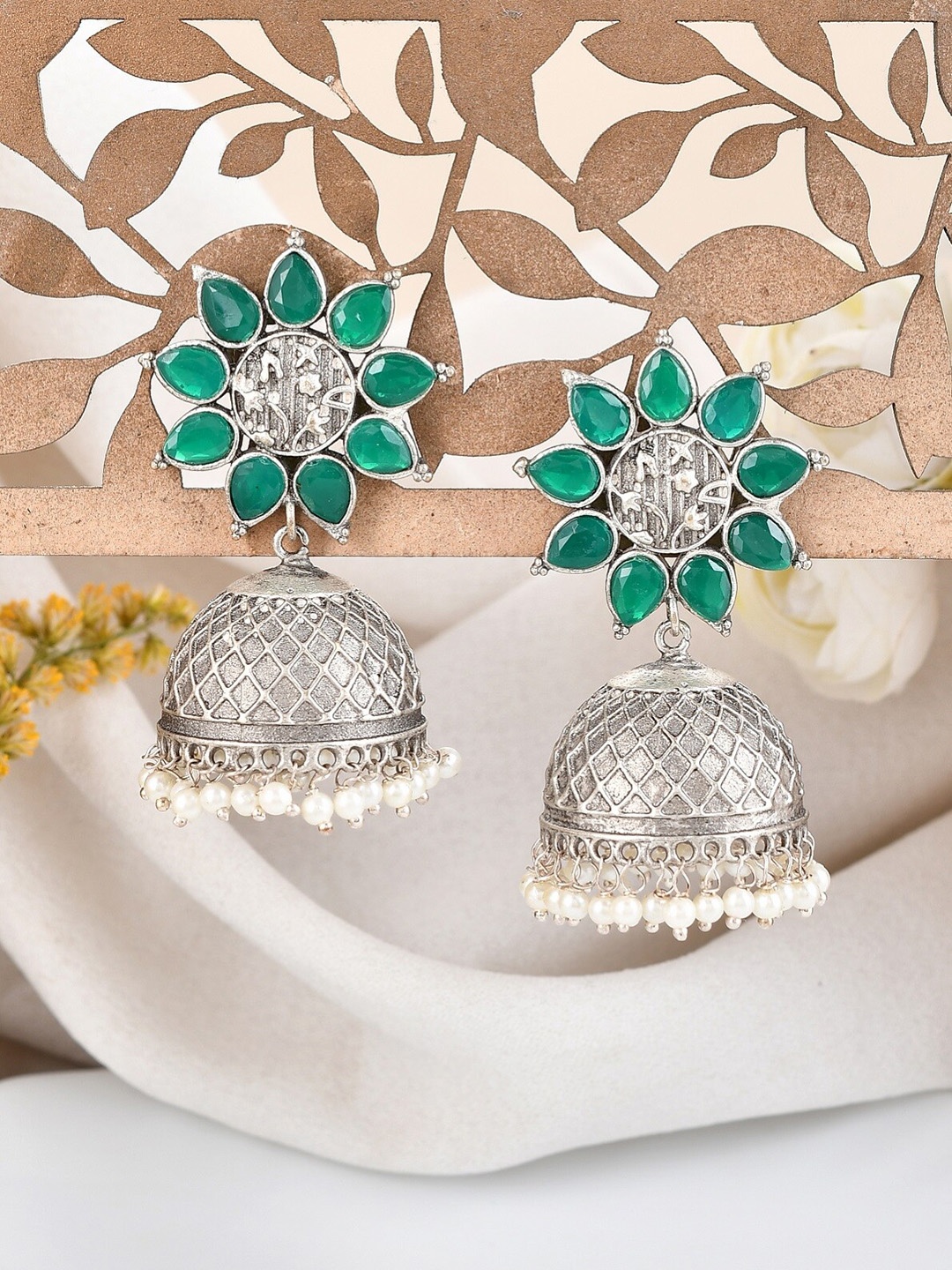 

DASTOOR Gold Plated Contemporary Oxidised Jhumkas, Silver