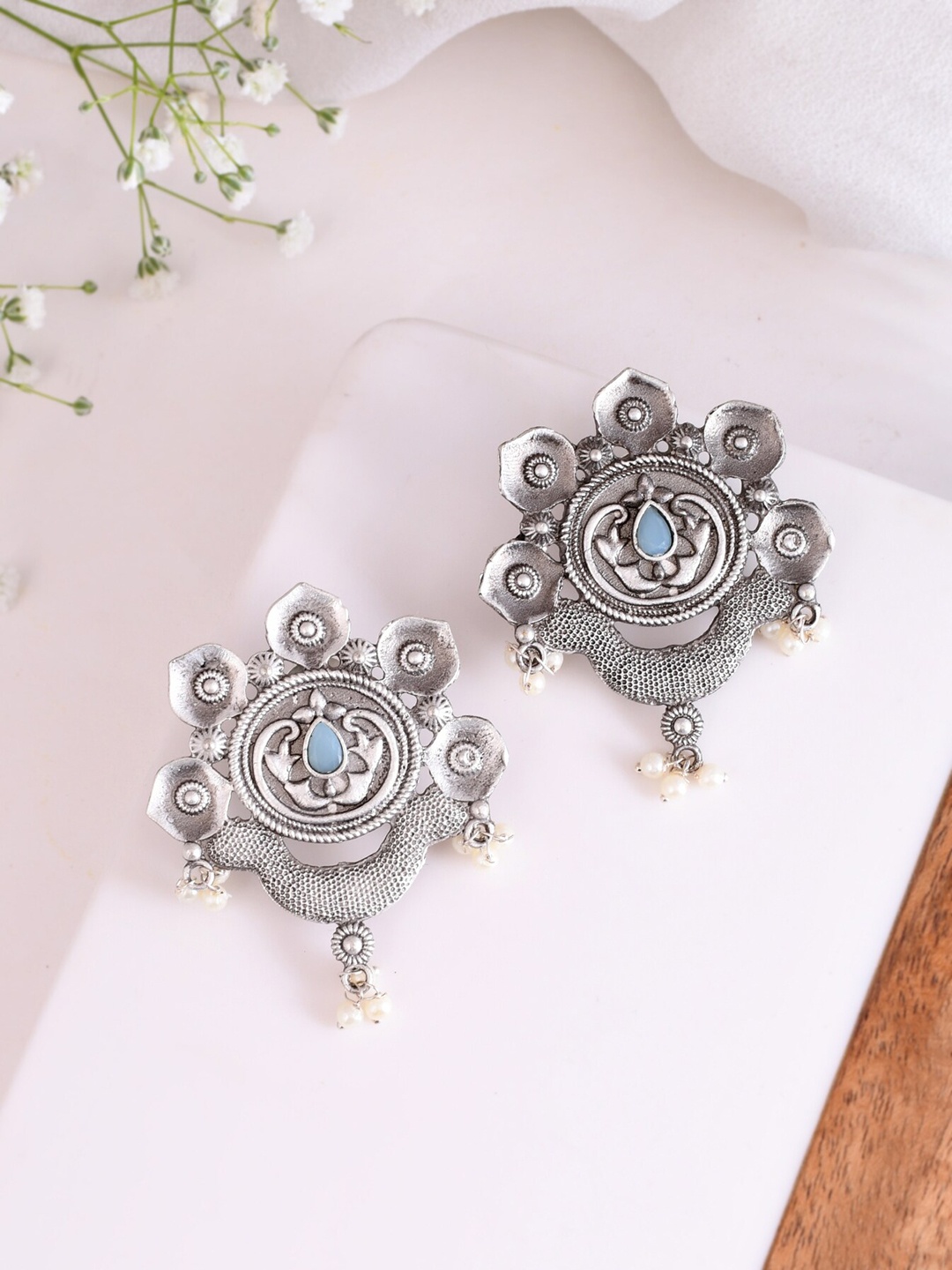 

DASTOOR Gold Plated Stone Studded & Beaded Contemporary Oxidised Stud Earrings, Silver