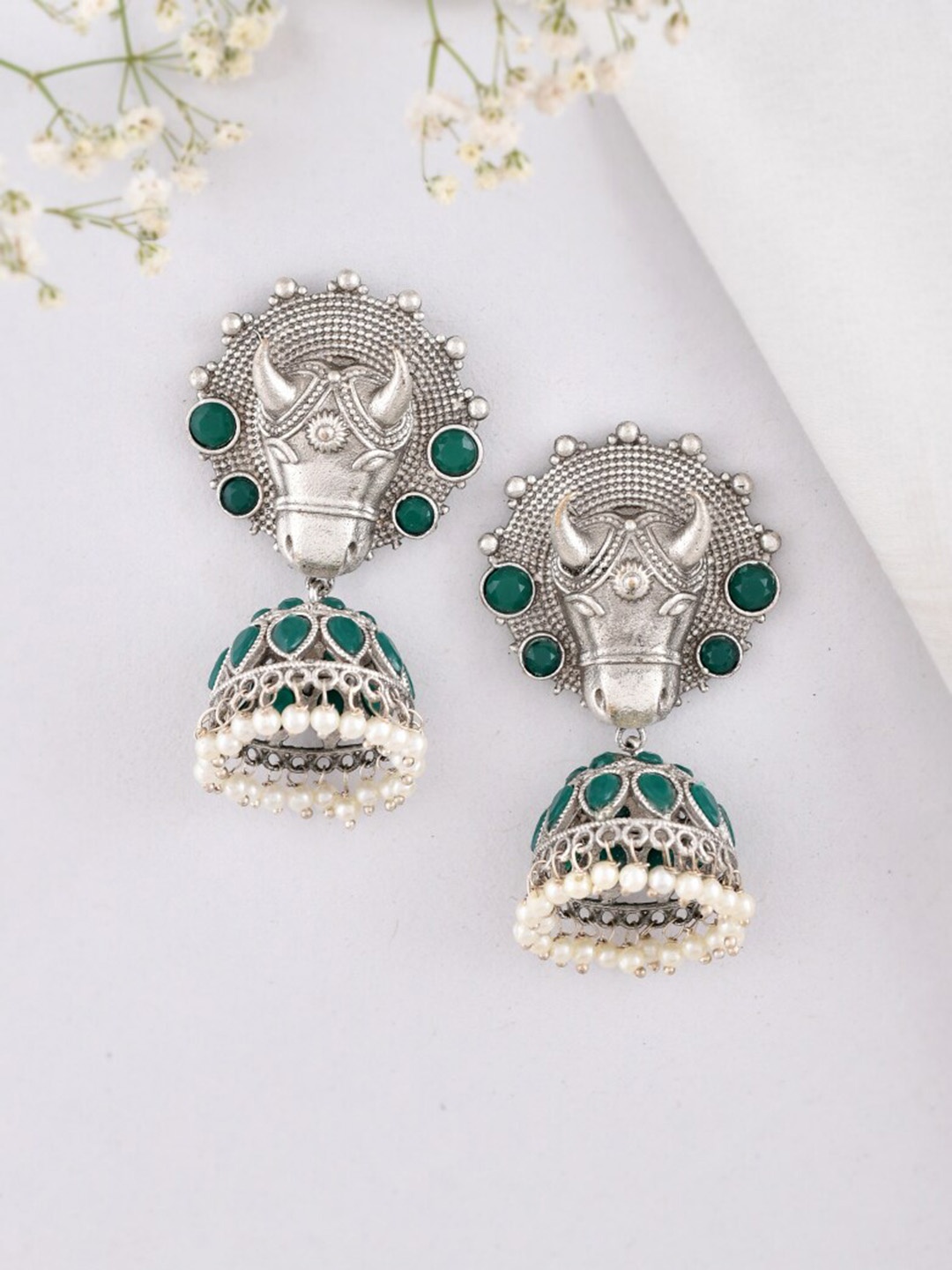 

DASTOOR Silver-Plated Oxidised Classic Jhumkas