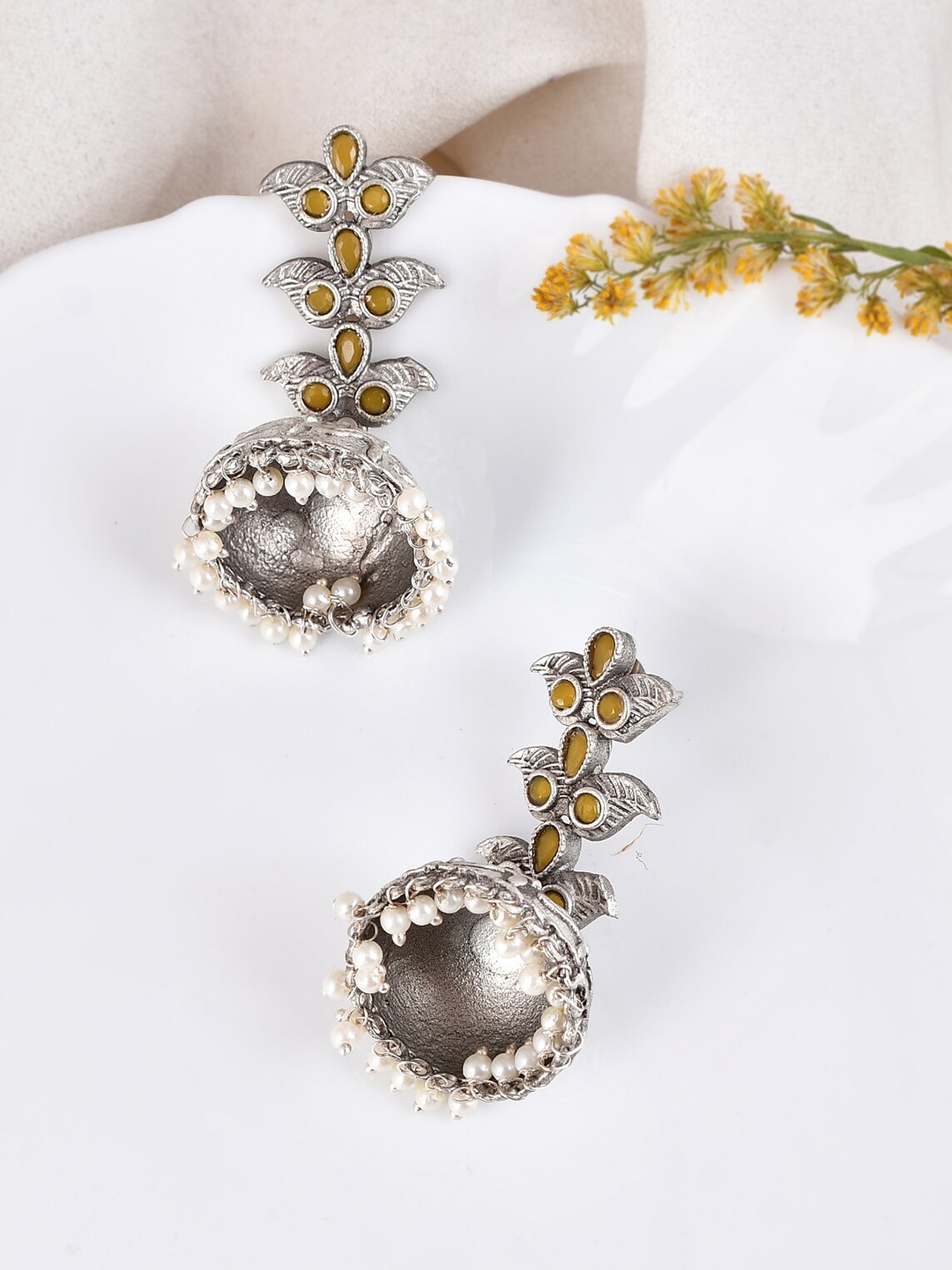 

DASTOOR Silver-Plated Oxidised Beaded Stone Studded Jhumkas