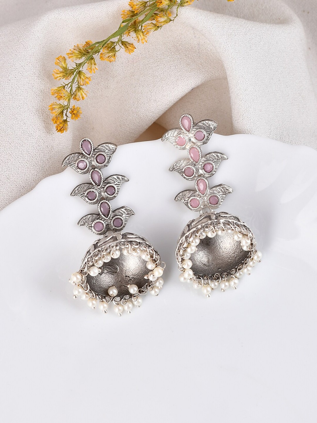 

DASTOOR Gold Plated Stone Studded & Beaded Contemporary Oxidised Jhumkas, Silver