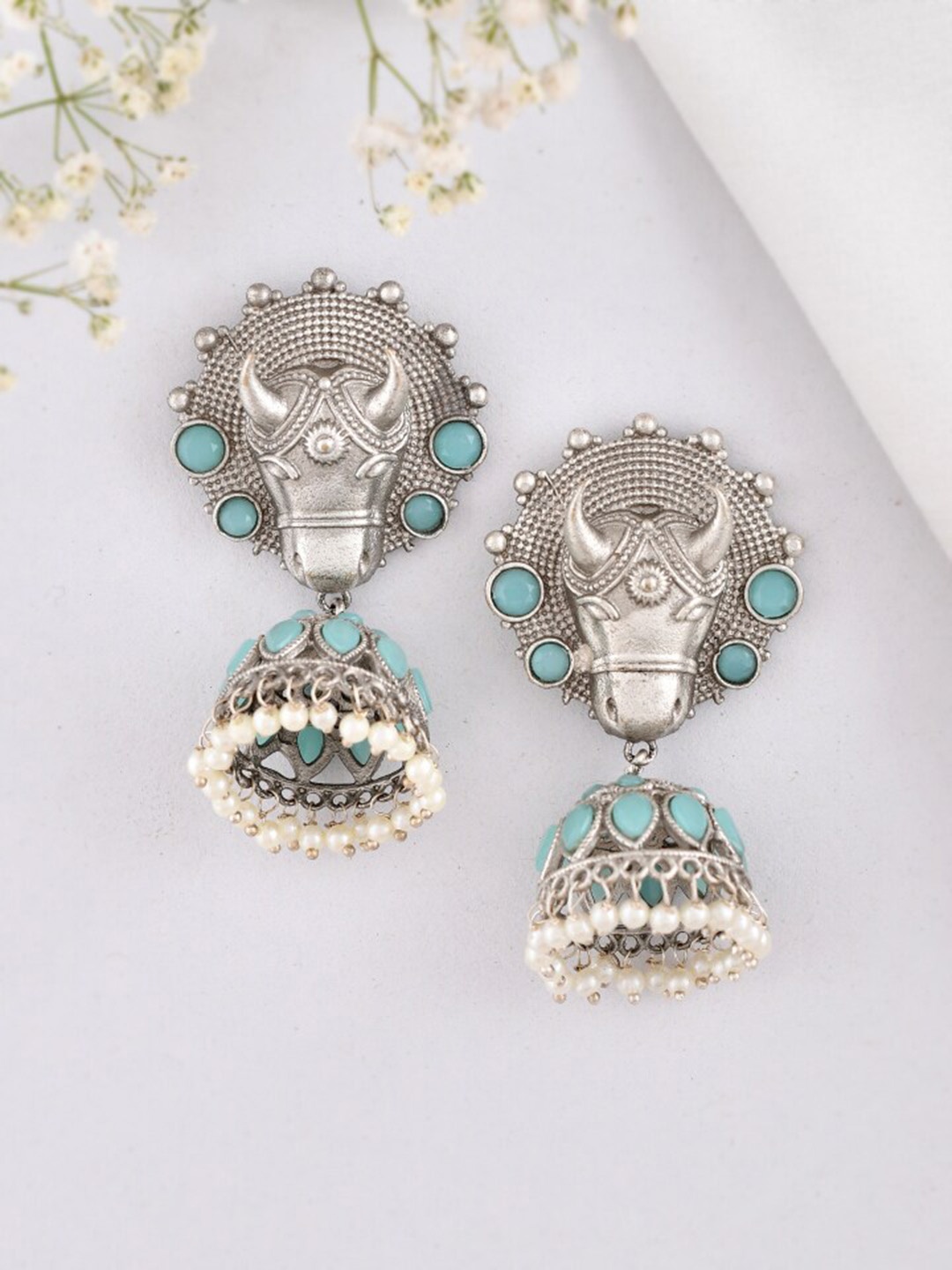 

DASTOOR Silver-Plated Contemporary Jhumkas Earrings