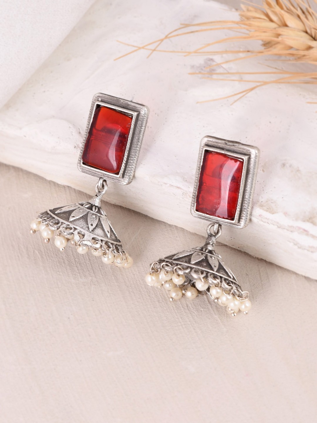 

DASTOOR Silver-Plated Square Jhumkas Earrings