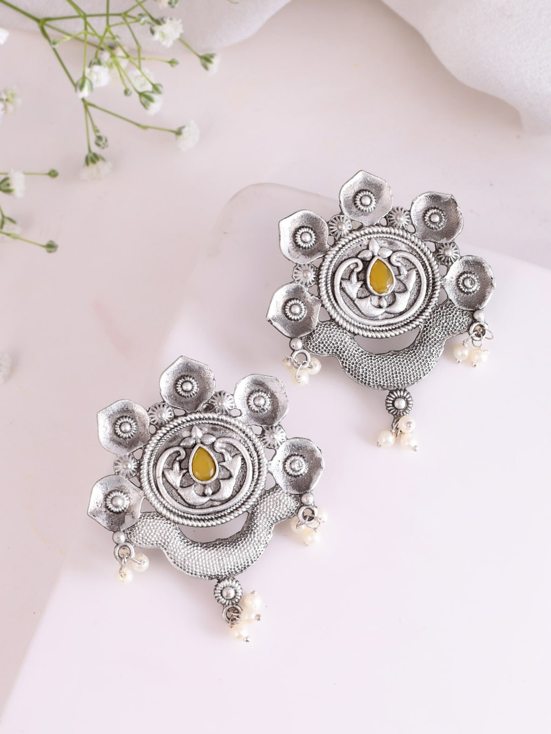 

DASTOOR Gold Plated Stone Studded & Beaded Contemporary Oxidised Stud Earrings, Silver