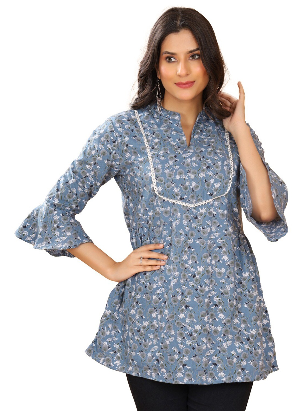 

BAESD Floral Print Mandarin Collar Bell Sleeve Cotton Top, Blue