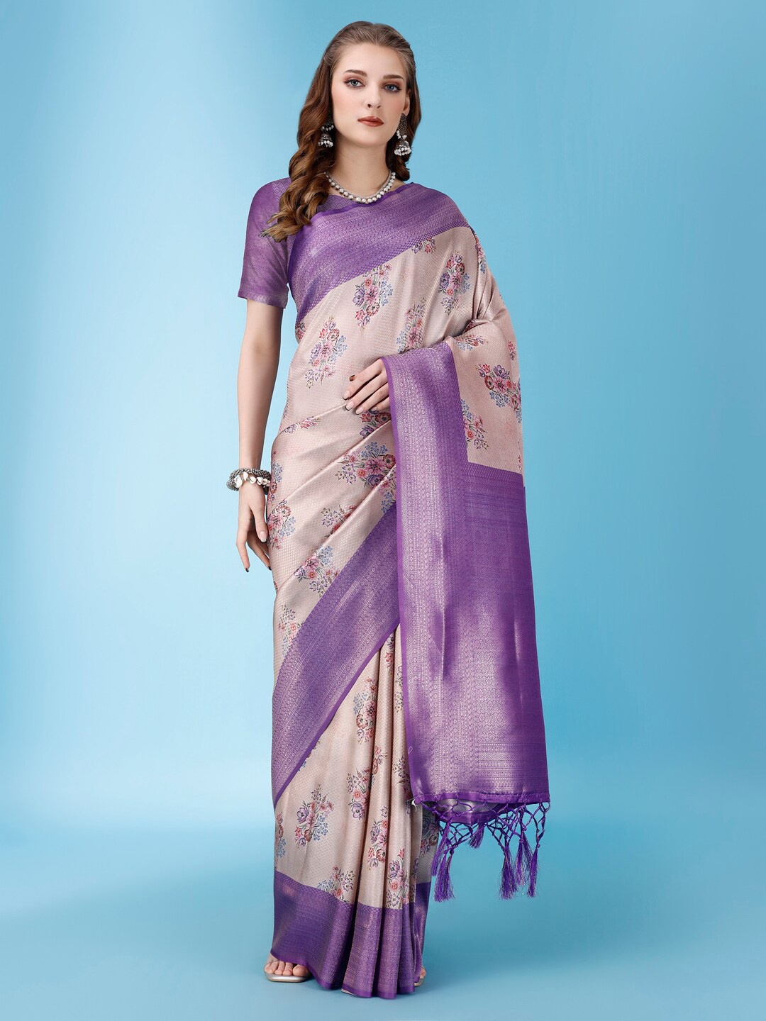 

PUJIA MILLS Floral Printed Zari Saree, Purple