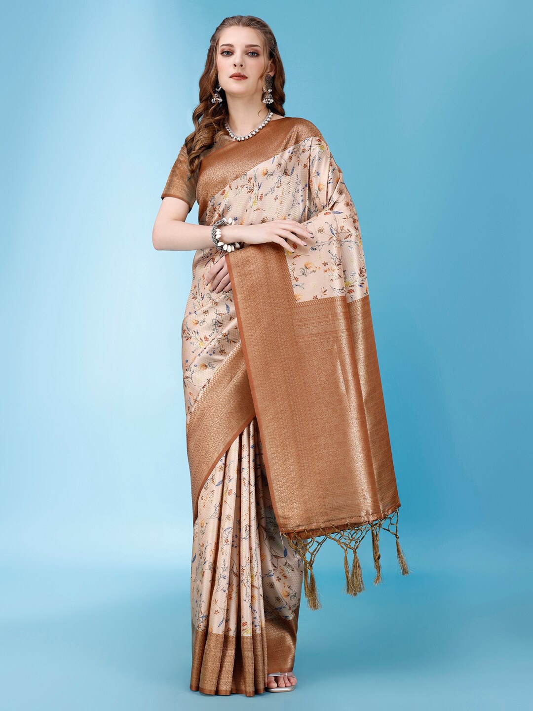

PUJIA MILLS Floral Printed Zari Saree, Brown