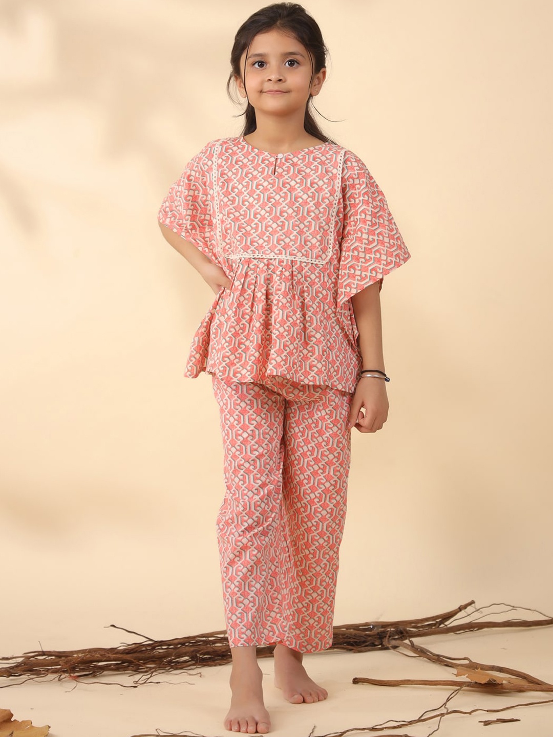 

SANSKRUTIHOMES Girls Ethnic Motifs Printed Pure Cotton Kaftan Night suit, Rust