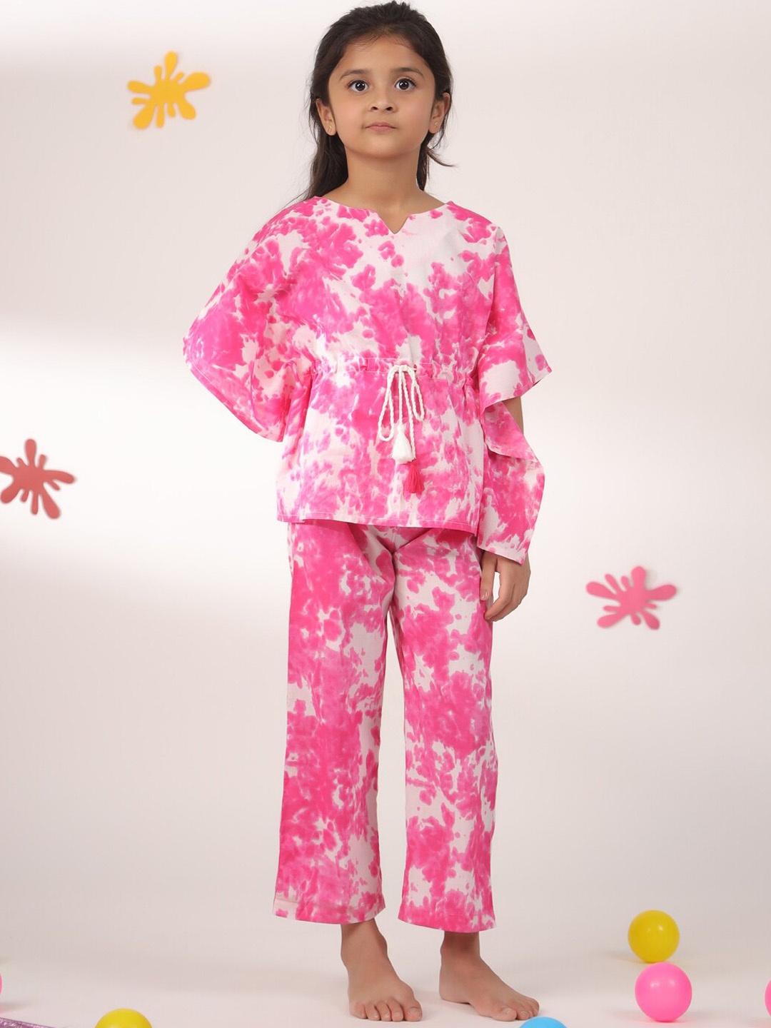 

SANSKRUTIHOMES Girls Tie and Dyed Pure Cotton Kaftan Night suit, Pink