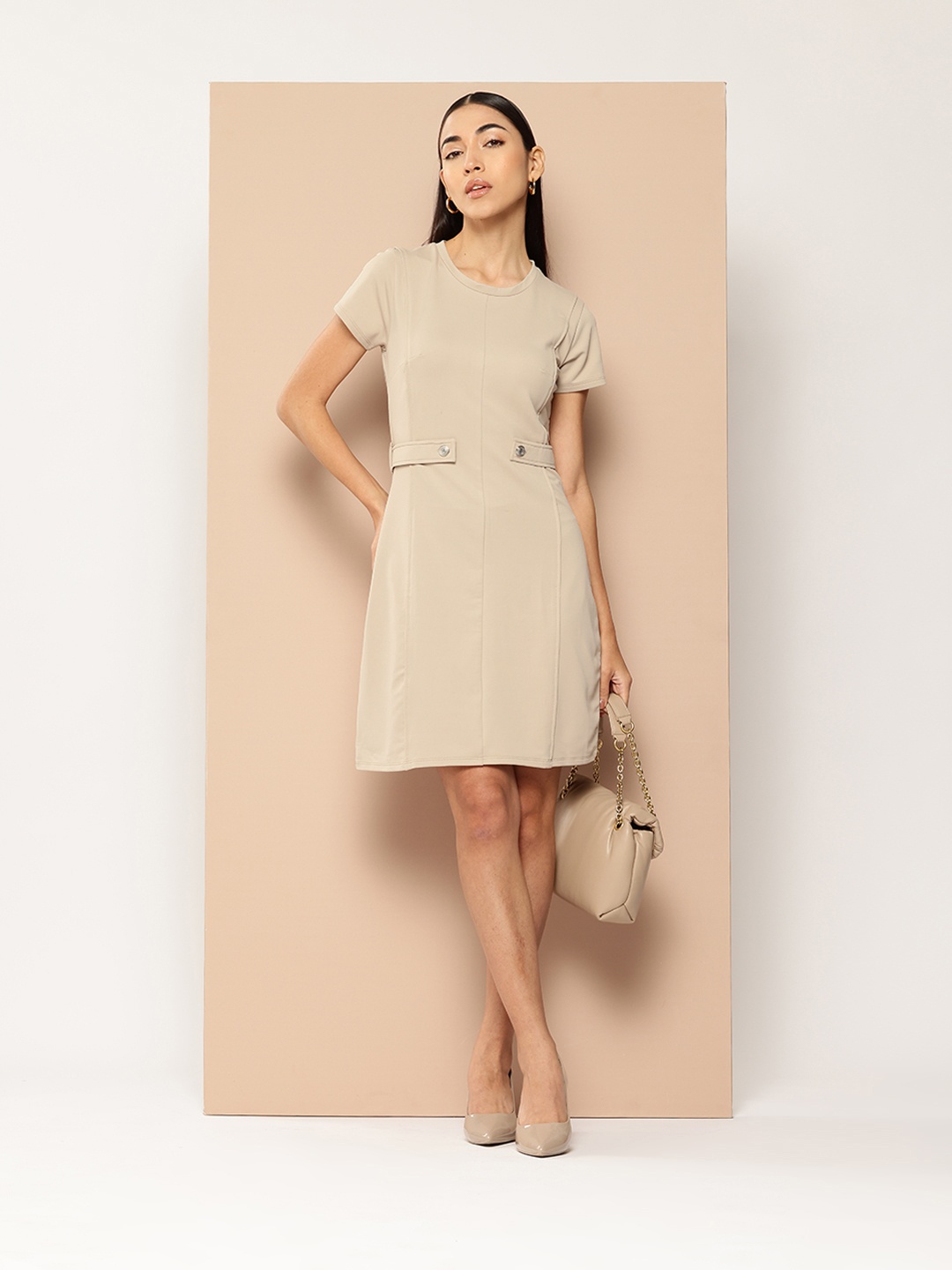 

Chemistry A-Line Dress With Belted Detail, Beige
