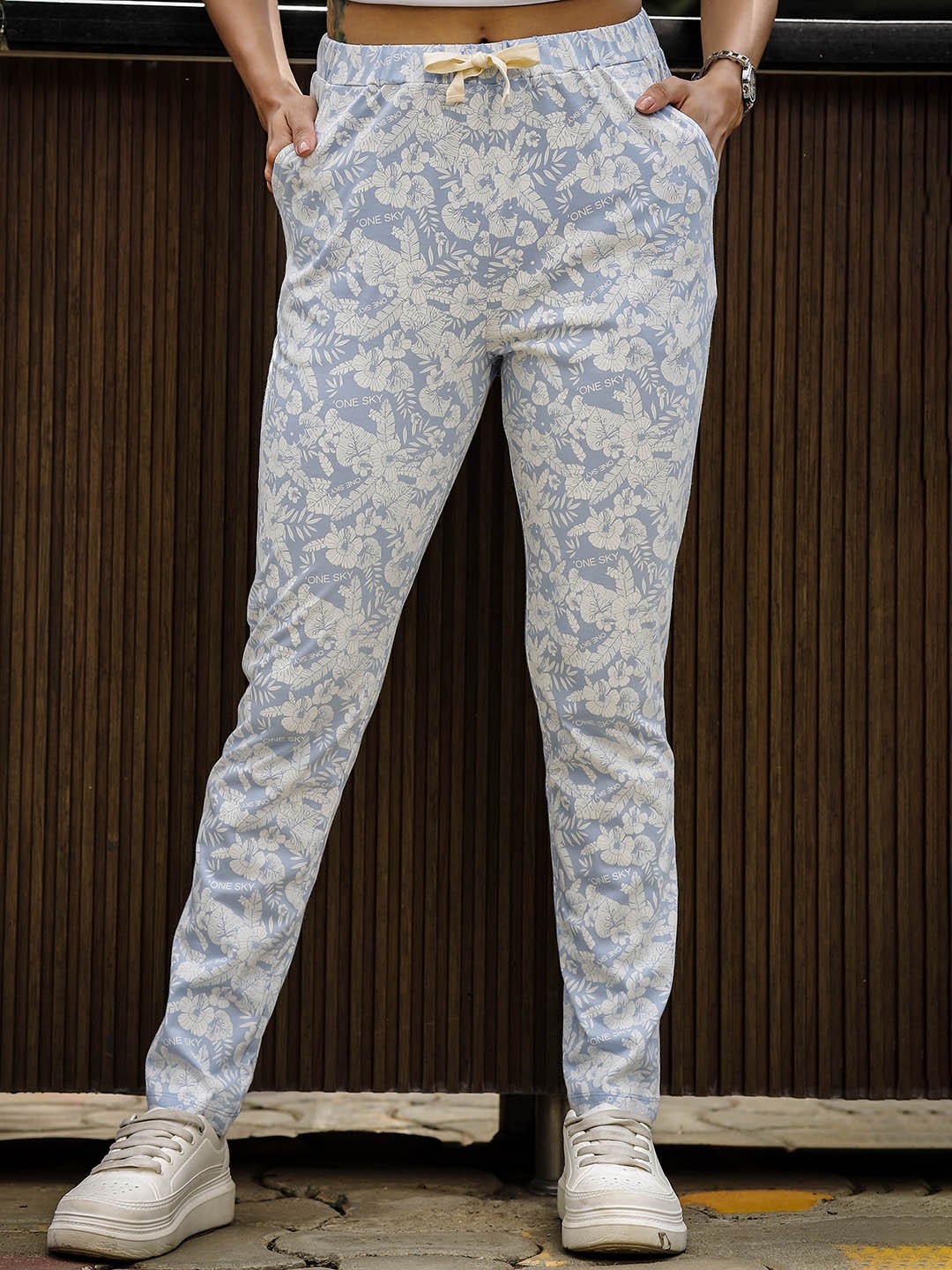 

ONE SKY Women Printed Pure Cotton Lounge Pants, Blue