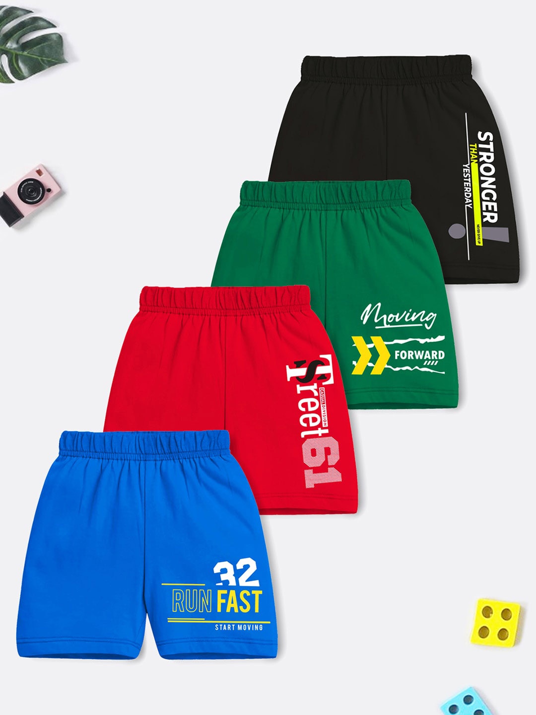 

HERE&NOW Boys Pack Of 4 Typography Printed Cotton Sports Shorts, Green