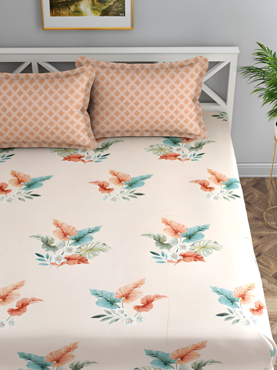 

Florida Beige & Blue Floral Microfiber 120 TC Fitted Queen Bedsheet with 2 Pillow Covers