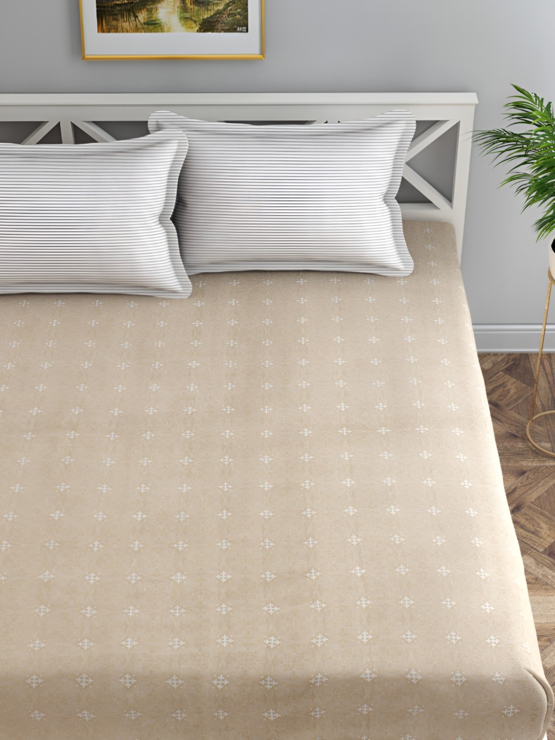 

Florida Brown Ethnic Motifs Microfiber 120 TC Fitted Queen Bedsheet with 2 Pillow Covers