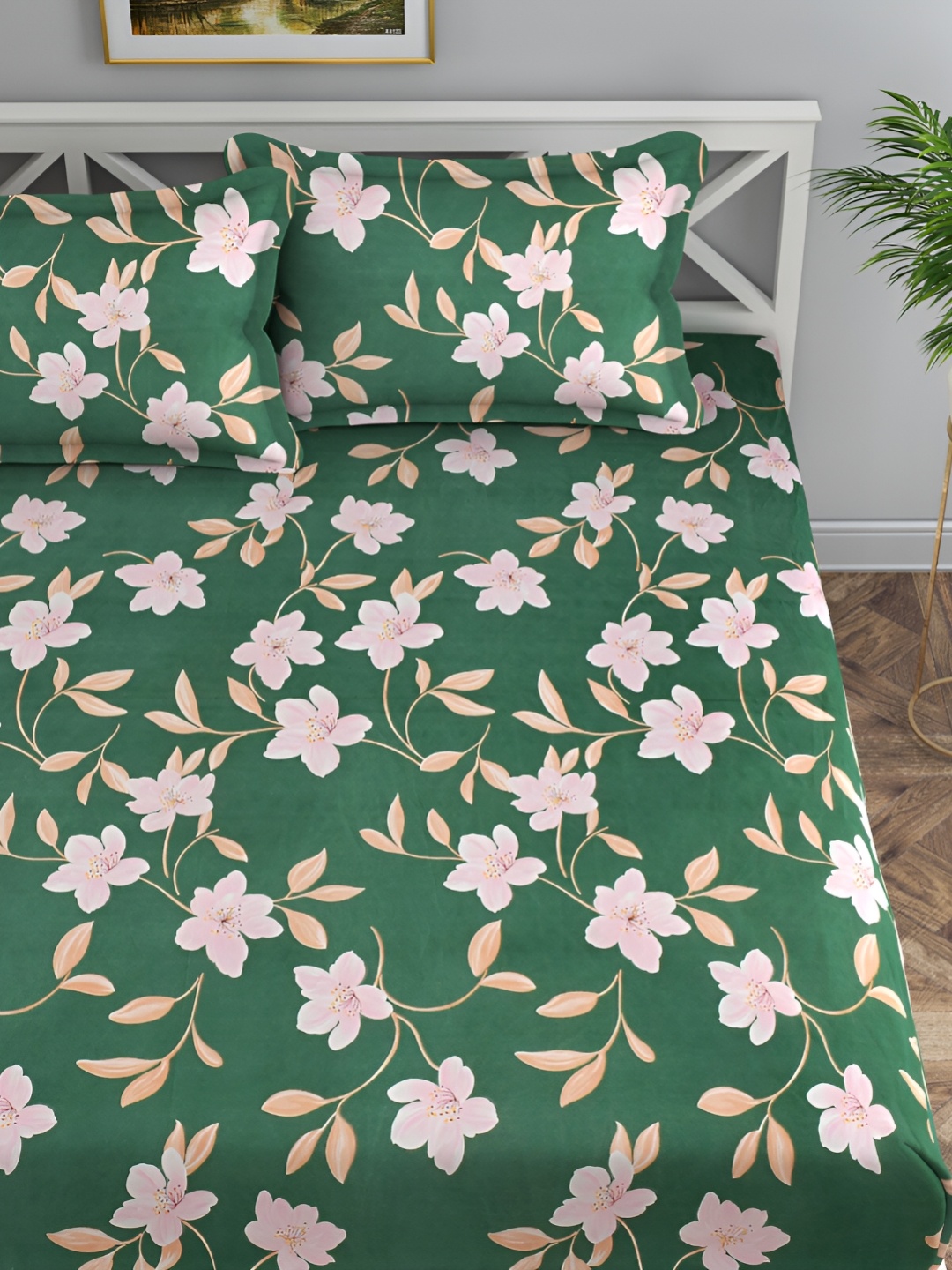 

Florida Green & Pink Floral Printed Microfiber 120 TC Queen Bedsheet with 2 Pillow Covers