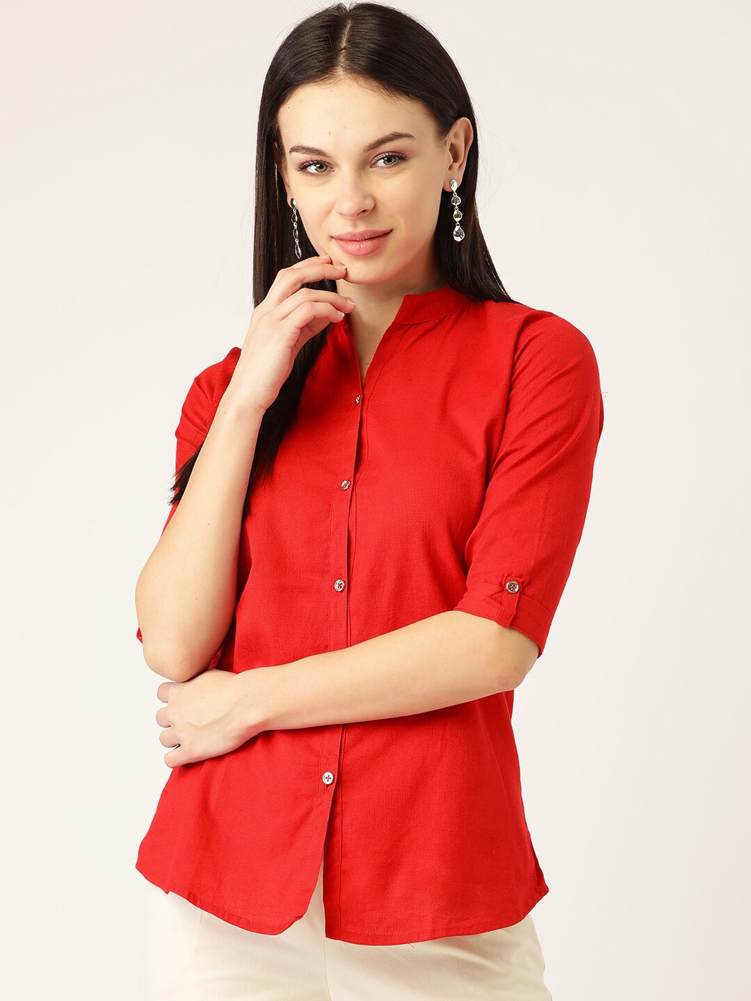 

KALINI Mandarin Collar Roll-Up Sleeves Cotton Shirt Style Top, Red