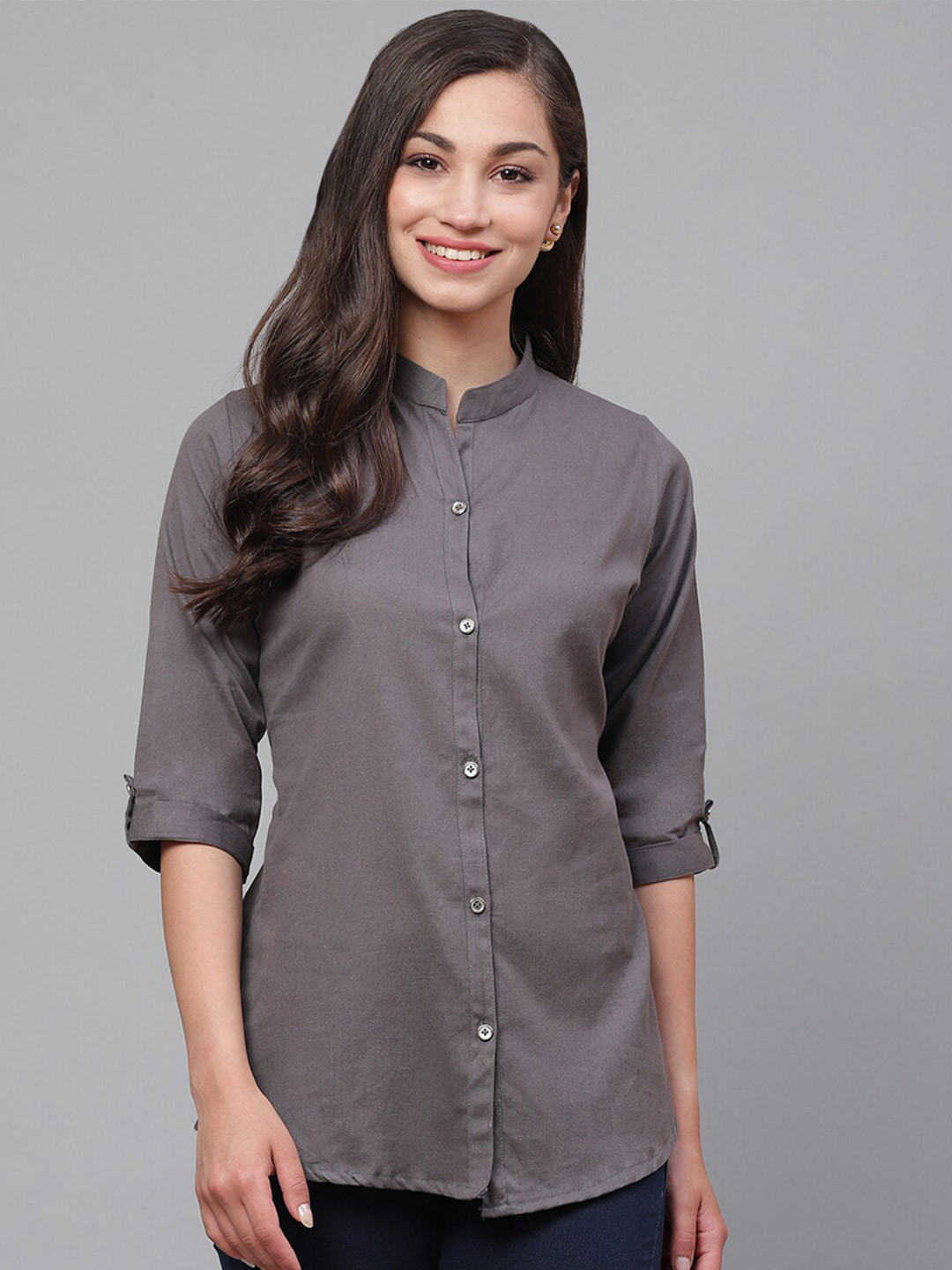 

KALINI Mandarin Collar Roll-Up Sleeves Cotton Shirt Style Top, Charcoal