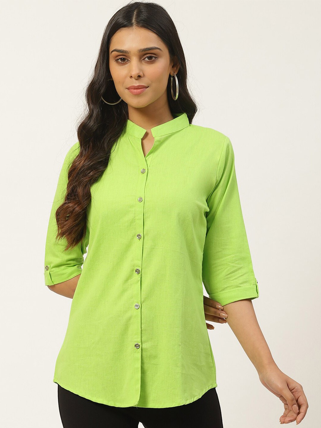 

KALINI Mandarin Collar Three-Quarter Roll Up Sleeves Cotton Shirt, Green