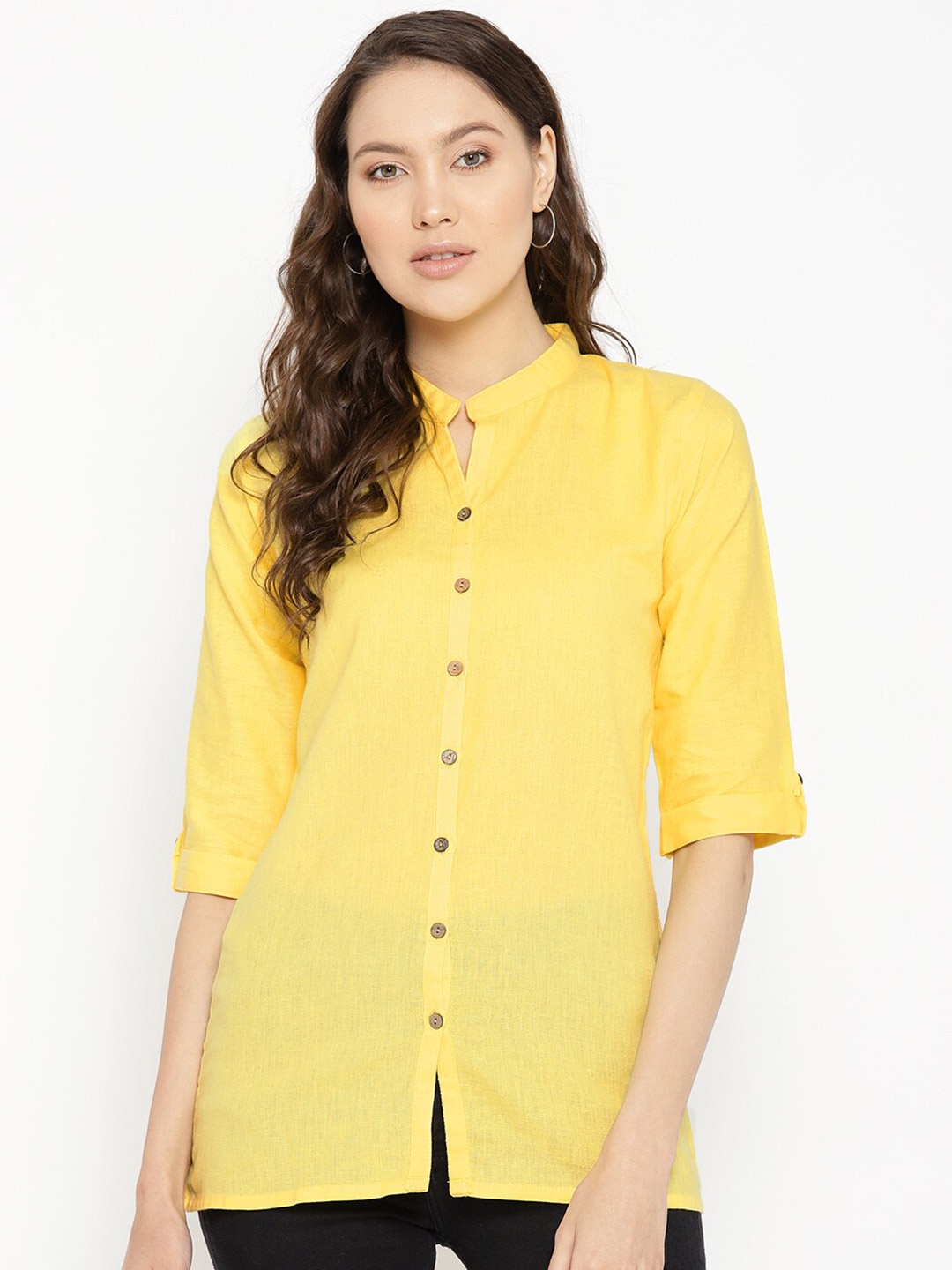 

KALINI Mandarin Collar Three-Quarter Roll Up Sleeves Cotton Shirt Style Top, Yellow