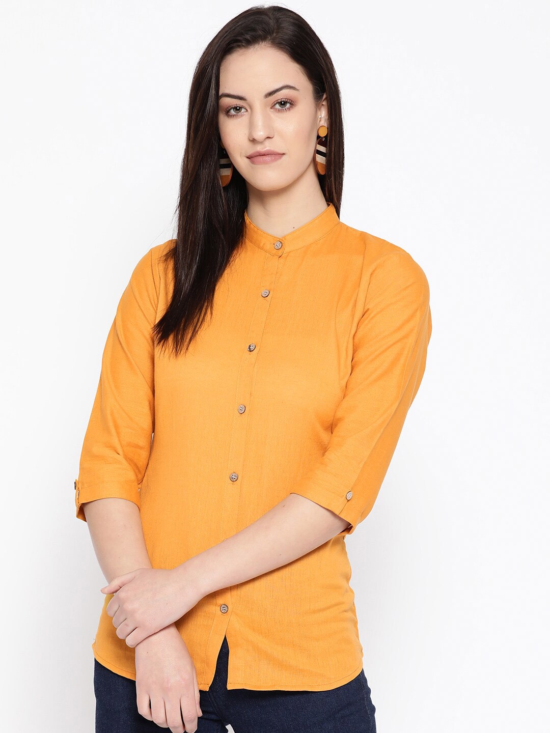 

KALINI Mandarin Collar Roll-Up Sleeves Cotton Shirt Style Top, Mustard
