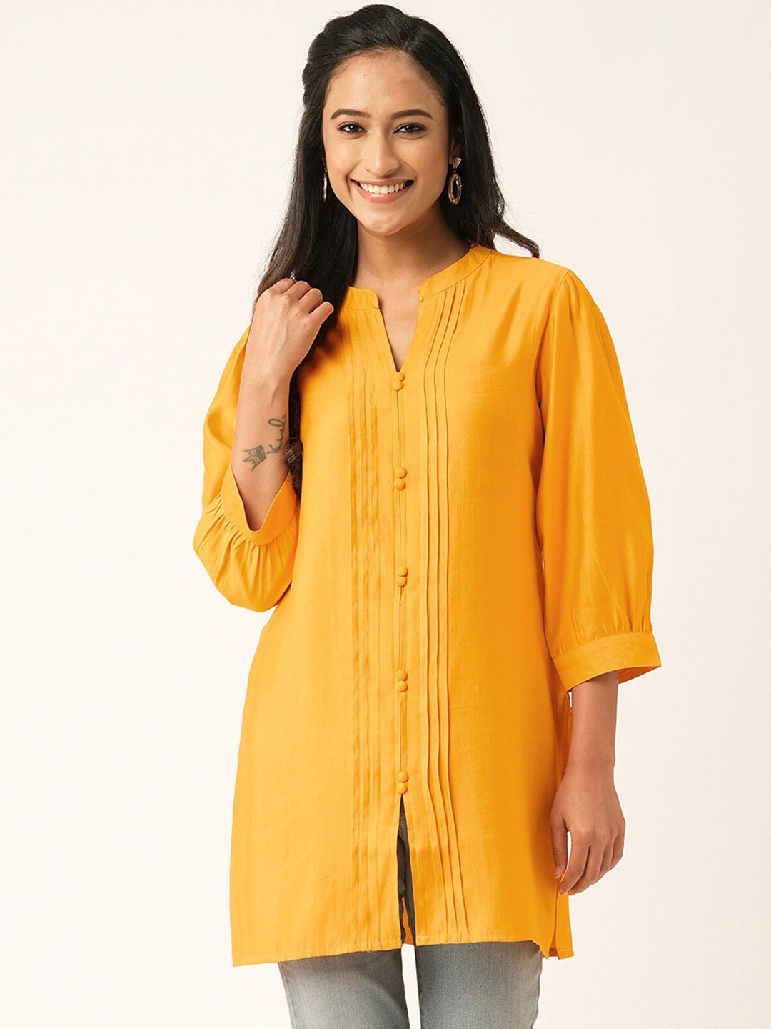 

ODETTE Mandarin Collar Pleated Kurti, Mustard