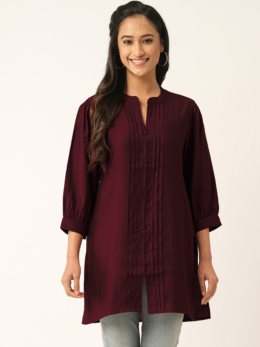 

ODETTE Mandarin Collar Straight Short Kurta, Maroon