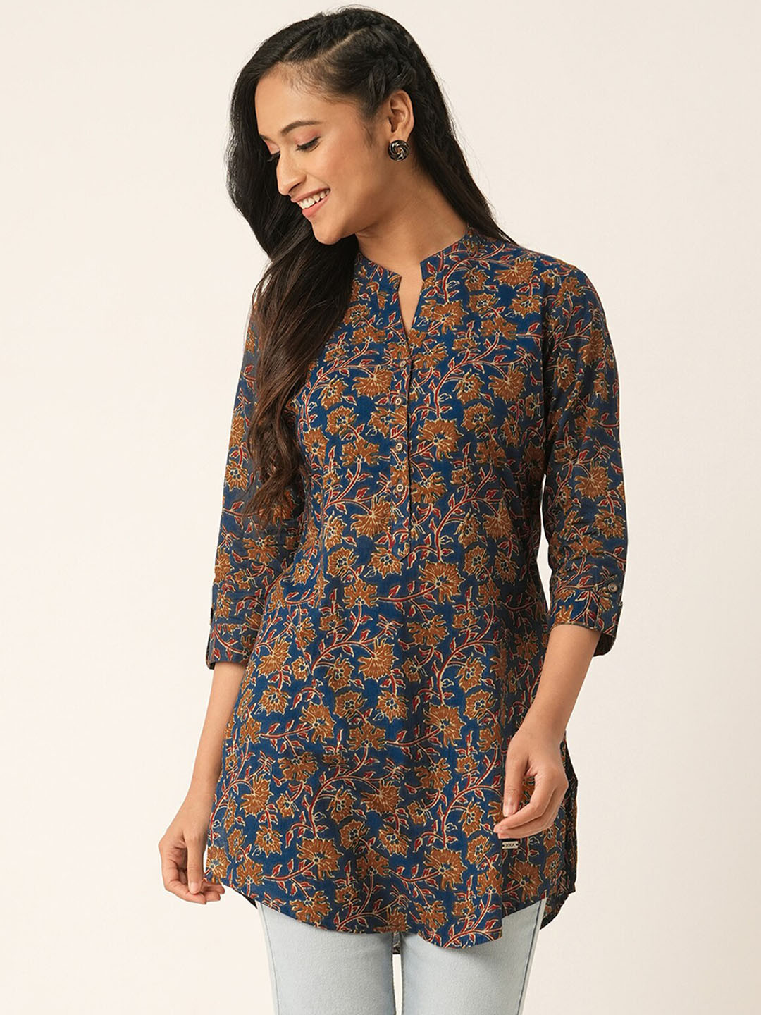 

ODETTE Floral Printed Mandarin Collar Cotton A-Line Kurta, Teal