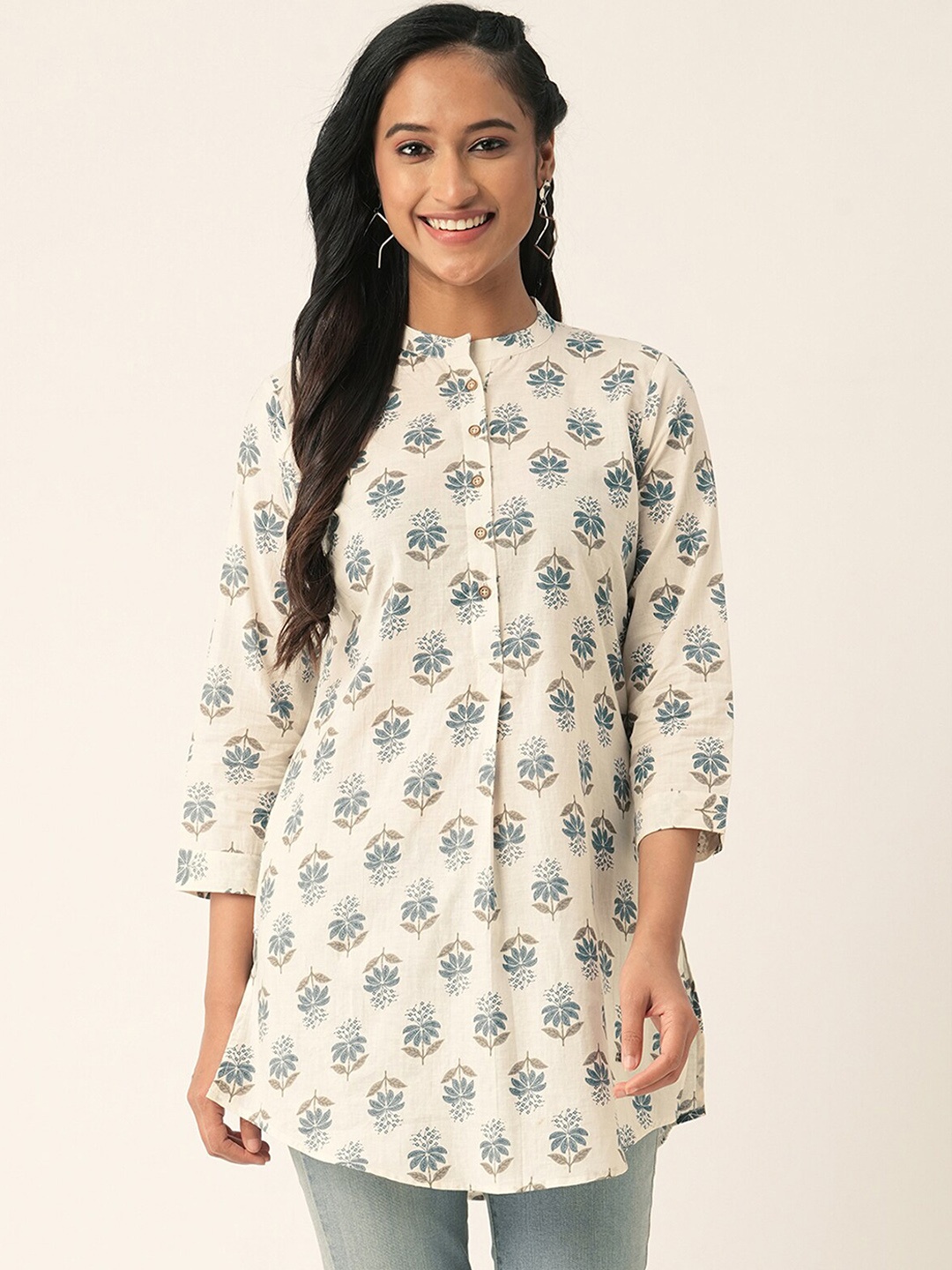 

ODETTE Mandarin Collar Floral Printed Cotton Straight Kurta, Off white
