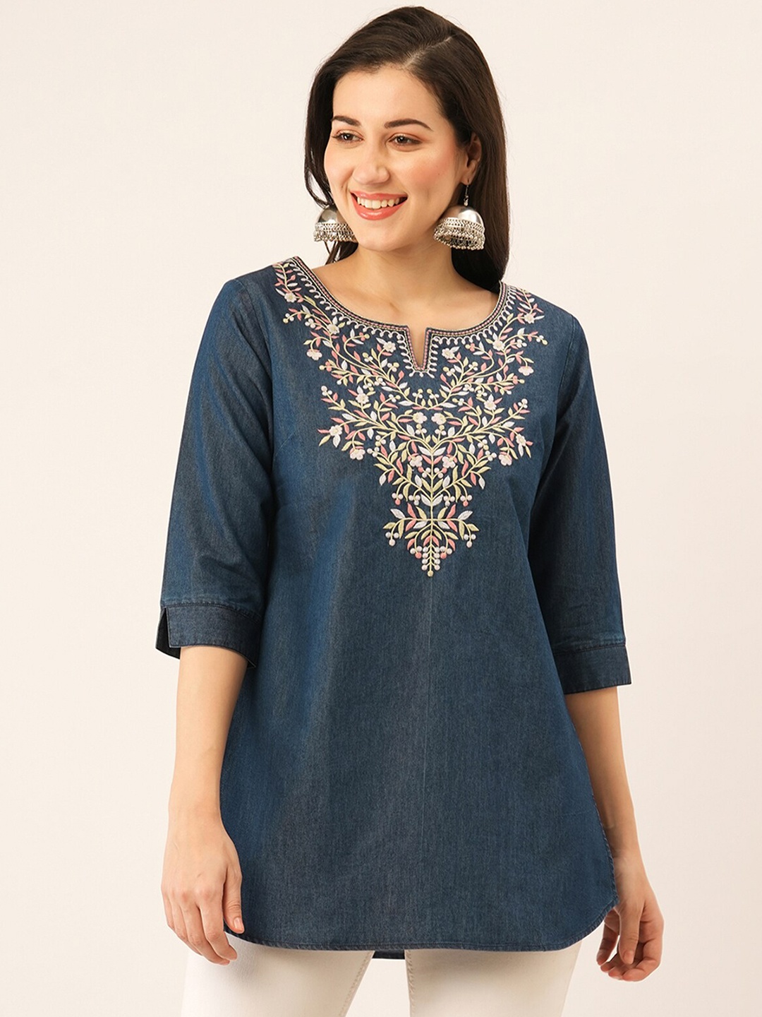 

ODETTE Yoke Design Thread Work Kurta, Navy blue