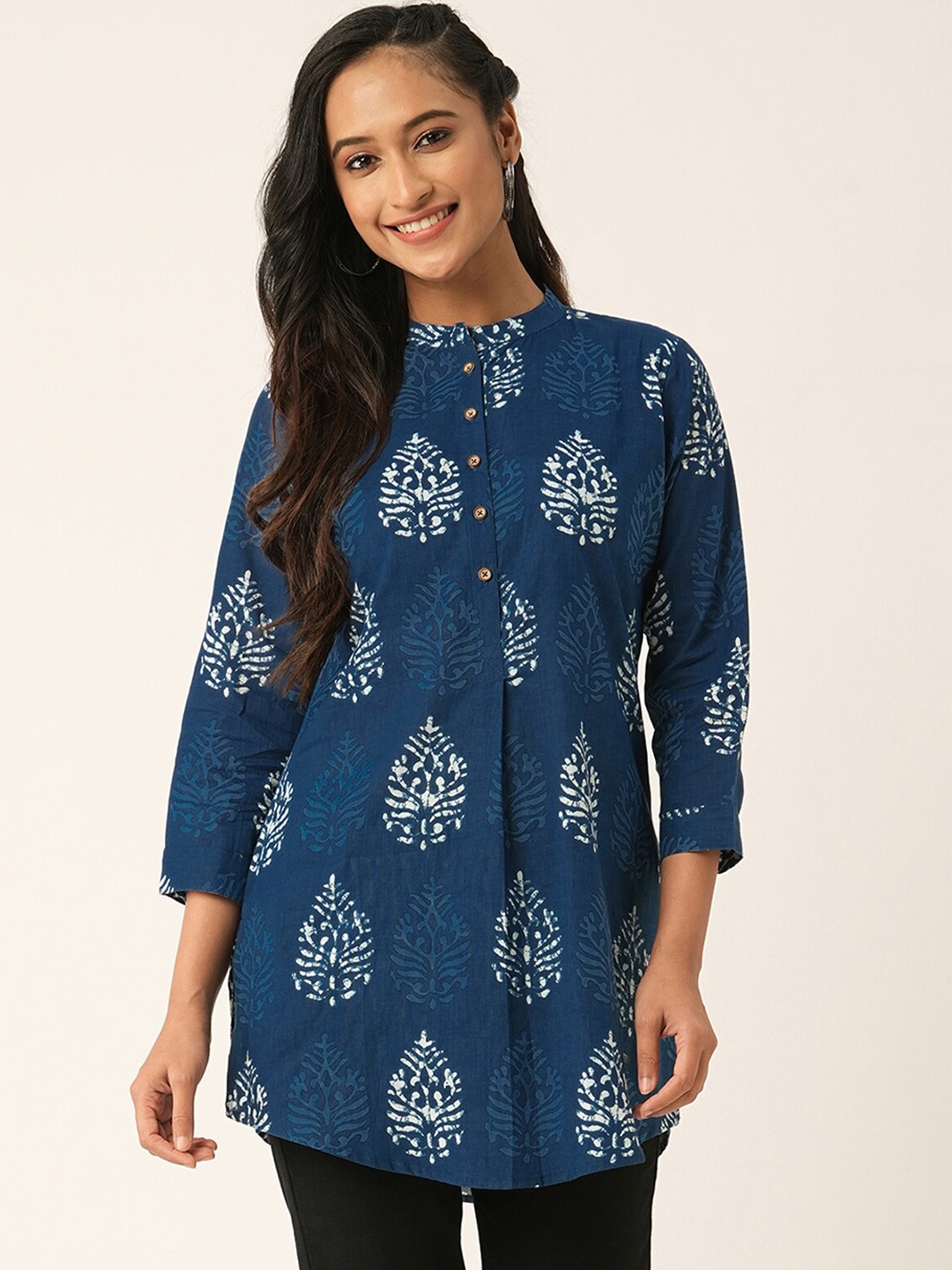 

ODETTE Ethnic Motifs Printed Thread Work Cotton A-Line Kurta, Teal