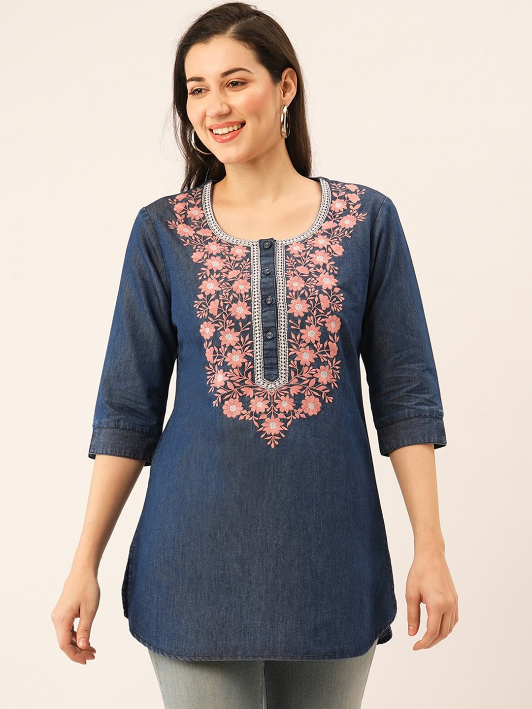 

ODETTE Floral Embroidered Round Neck Kurti, Navy blue