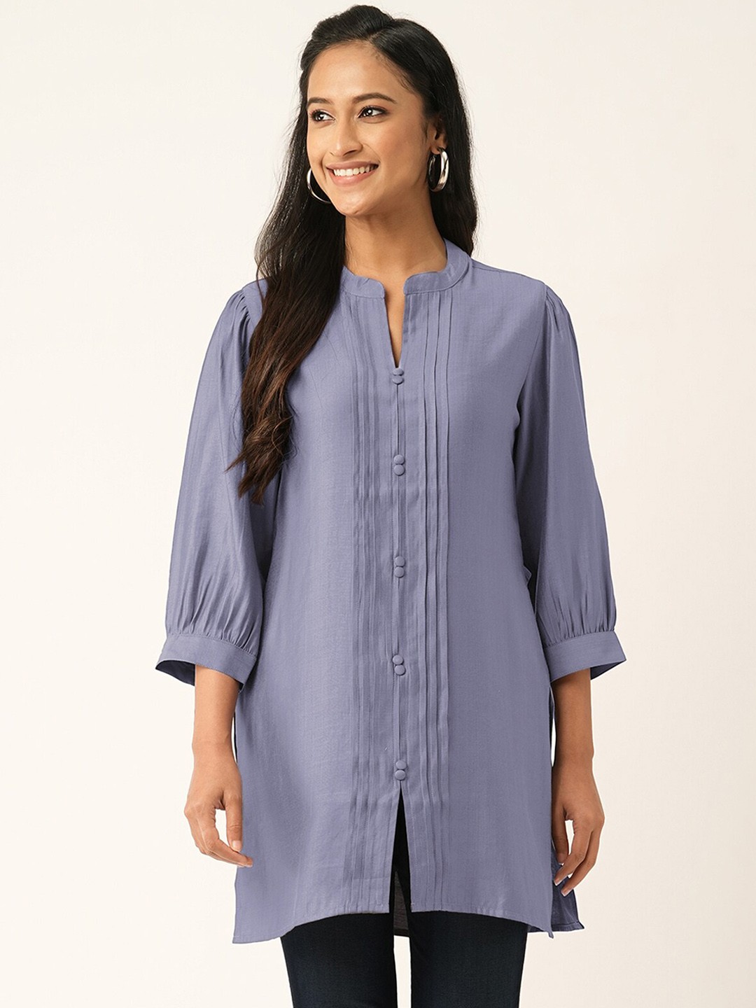 

ODETTE Puff Sleeves Thread Work Short Kurta, Purple